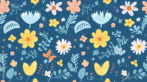 Cute spring vector seamless pattern with sun, butterflies, flowers and other plants on blue background © Balaj