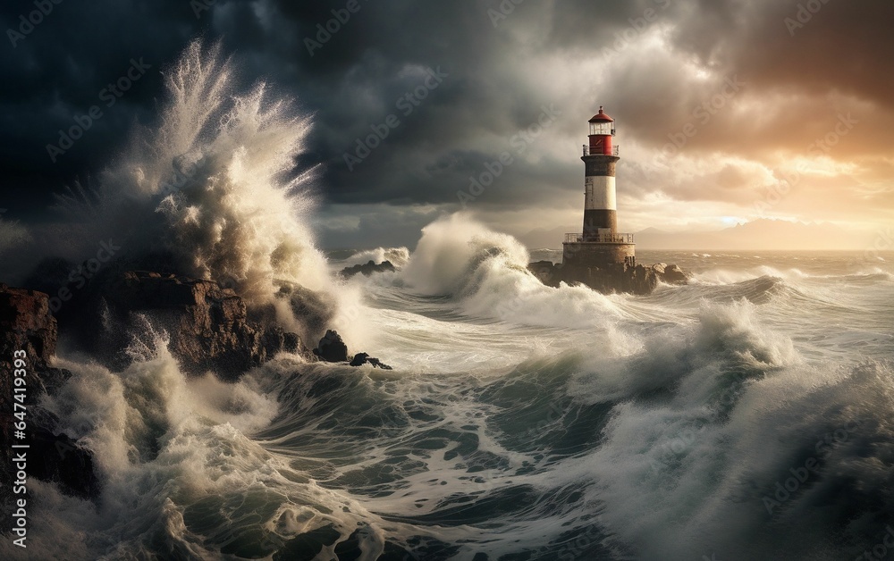 Isolated Lighthouse on Rocky Shore with Crashing Waves