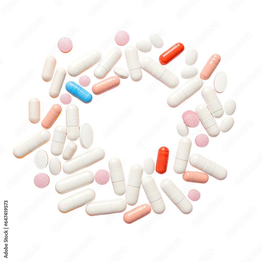 Many pill capsules on transparent background with note for text Many pill capsules on transparent background with note for text