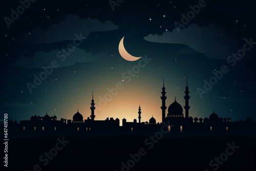 Silhouette of a mosque and crescent moon against a night sky. Islamic banner and beautiful Muslim invitation. Eid Mubarak, religious background. Generative AI