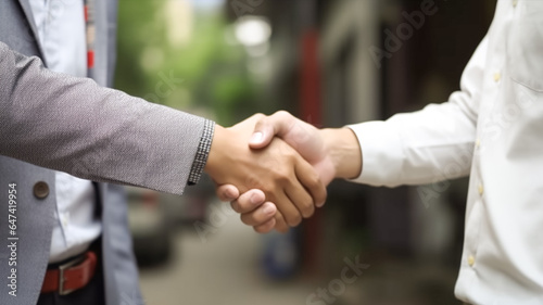 Close up of business handshake. Two businessman shake hand with partner to celebration partnership and business deal concept.