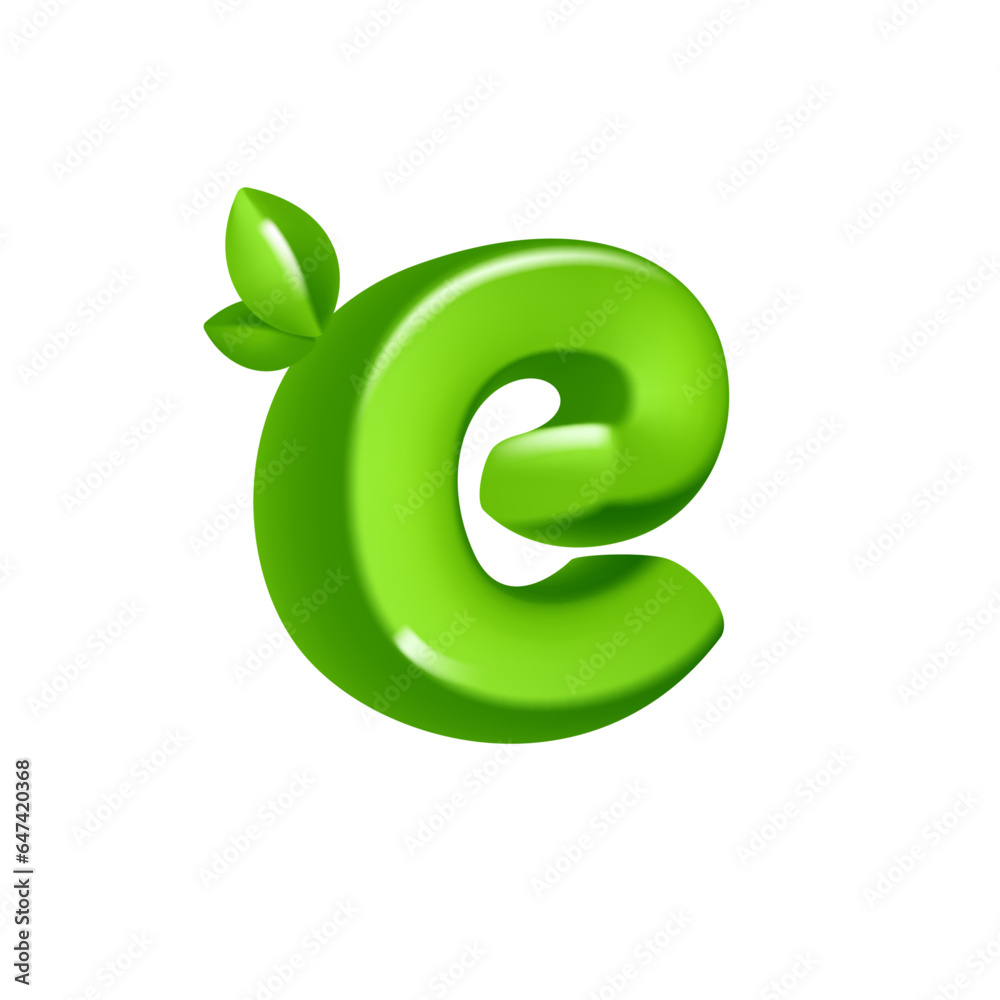 Letter E logo 3D render in cartoon cubic style with green leaves. Eco-friendly vector illustration. Impossible isometric shapes. Perfect for nature banner, healthy food labels, garden, and grass adv. Letter E logo 3D render in cartoon cubic style with green leaves. Eco-friendly vector illustration. Impossible isometric shapes. Perfect for nature banner, healthy food labels, garden, and grass adv.