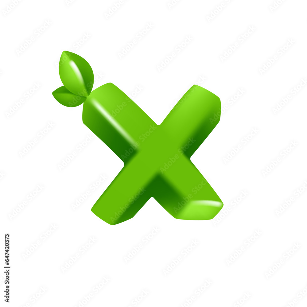 Obraz premium Letter X logo 3D render in cartoon cubic style with green leaves. Eco-friendly vector illustration. Impossible isometric shapes. Perfect for nature banner, healthy food labels, garden, and grass adv.