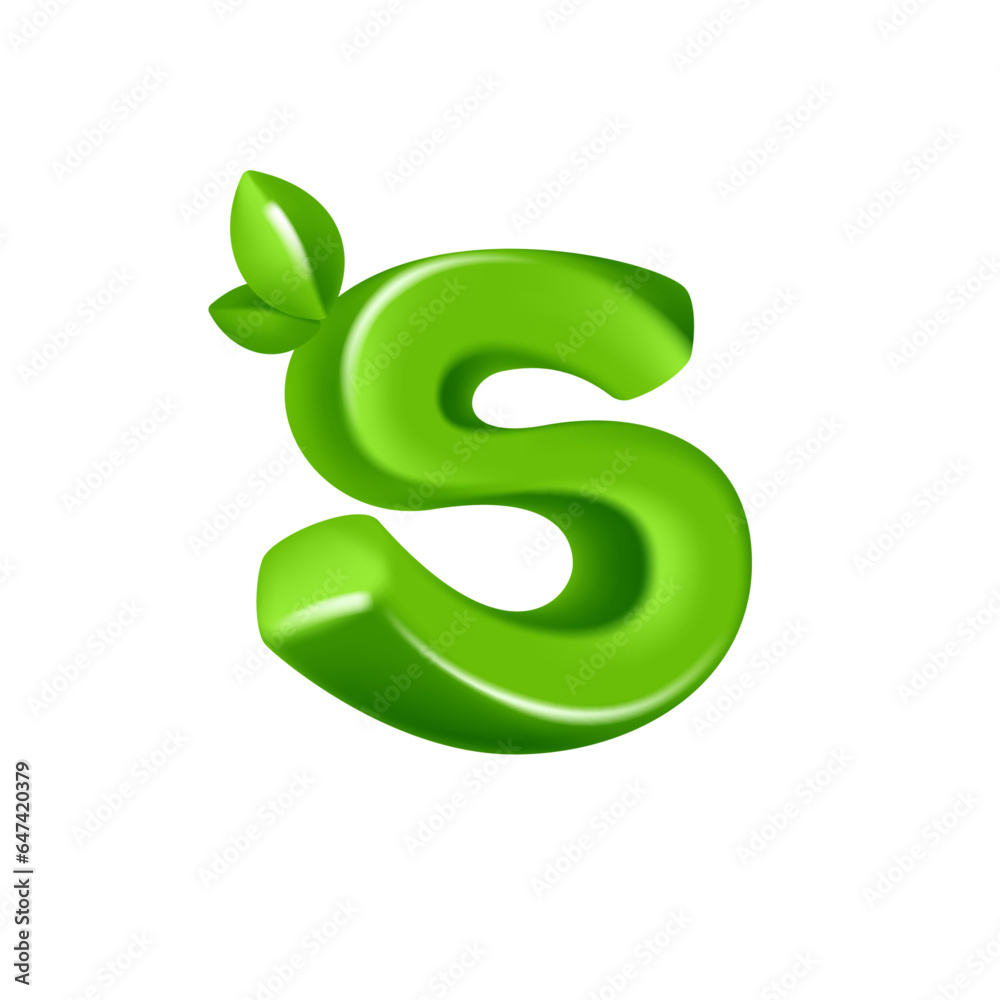 Naklejka premium Letter S logo 3D render in cartoon cubic style with green leaves. Eco-friendly vector illustration. Impossible isometric shapes. Perfect for nature banner, healthy food labels, garden, and grass adv.