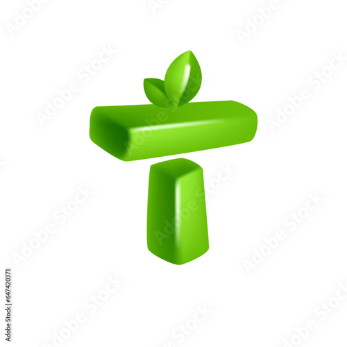 Letter T logo 3D render in cartoon cubic style with green leaves. Eco-friendly vector illustration. Impossible isometric shapes. Perfect for nature banner, healthy food labels, garden, and grass adv.