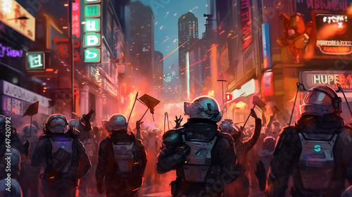 Cyberpunk Riot and Protest. Illustration of a cyberpunk-themed protest or riot scene, with protesters clashing with advanced security forces.