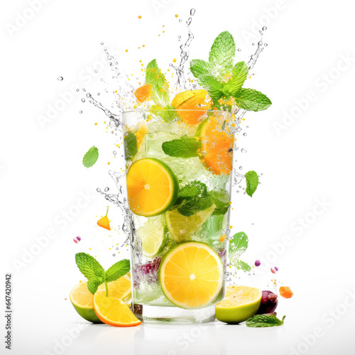 Mojito with lime slices, orange slices, and mint, mixed with ice, in front of a white background, tropical drink color splash.