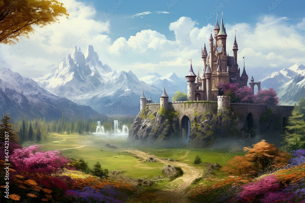 A magical castle in a lush landscape, portrayed in a painted artwork. Generative AI