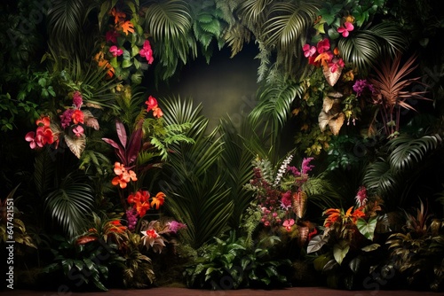 Vibrant foliage backdrop with palm and jungle greenery. Generative AI