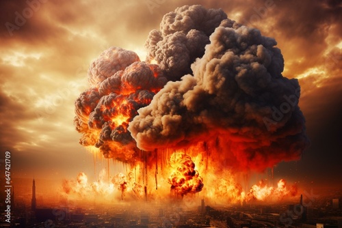 Large explosion, fire, black smoke, dangerous accident, war, bombing, disaster. Generative AI
