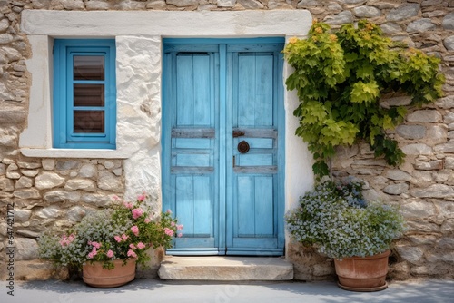 A wooden front door with windows, white, blue, and stone siding. Generative AI