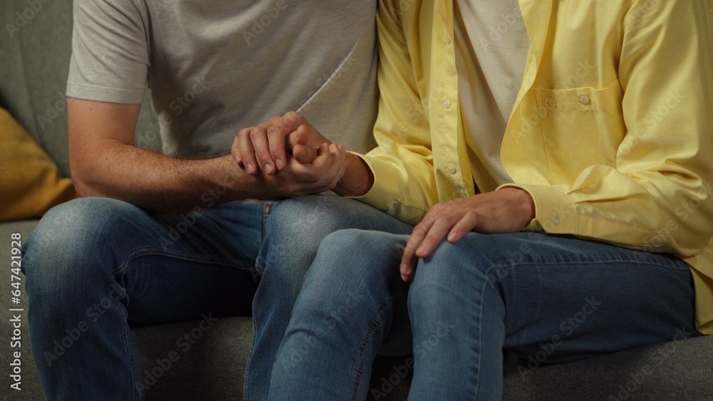 Close up detail shot of a homosexual couple at home. The men are sitting on the couch, holding hands and expressing love to each other warmly. Close up detail shot of a homosexual couple at home. The men are sitting on the couch, holding hands and expressing love to each other warmly.