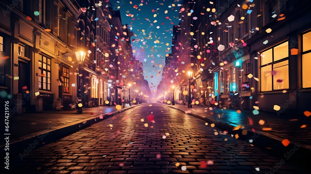 Vibrant Street Celebration: Colorful Confetti in the Air with Bokeh Effect - Festive Urban Scene for Events and Joyous Moments, generative AI Vibrant Street Celebration: Colorful Confetti in the Air with Bokeh Effect - Festive Urban Scene for Events and Joyous Moments, generative AI