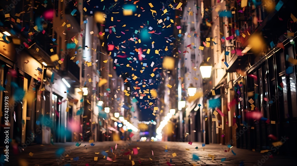 Vibrant Street Celebration: Colorful Confetti in the Air with Bokeh Effect - Festive Urban Scene for Events and Joyous Moments, generative AI	