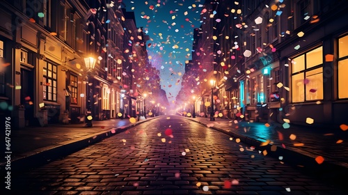 Vibrant Street Celebration: Colorful Confetti in the Air with Bokeh Effect - Festive Urban Scene for Events and Joyous Moments, generative AI 