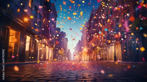 Vibrant Street Celebration: Colorful Confetti in the Air with Bokeh Effect - Festive Urban Scene for Events and Joyous Moments, generative AI 