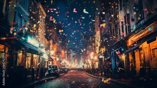 Vibrant Street Celebration  Colorful Confetti in the Air with Bokeh Effect - Festive Urban Scene for Events and Joyous Moments  generative AI 