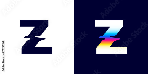 Z letter logo with color glitch. Neon double exposure style. Multicolor gradient sign with hologram and illusion effect. Glowing color shift vector icon for nightlife labels, game screens, vibrant adv