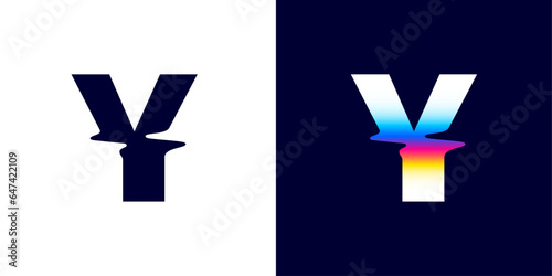 Y letter logo with color glitch. Neon double exposure style. Multicolor gradient sign with hologram and illusion effect. Glowing color shift vector icon for nightlife labels, game screens, vibrant adv