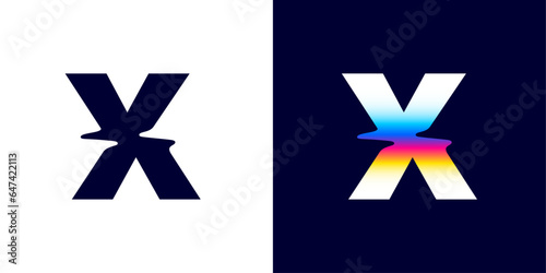 X letter logo with color glitch. Neon double exposure style. Multicolor gradient sign with hologram and illusion effect. Glowing color shift vector icon for nightlife labels, game screens, vibrant adv