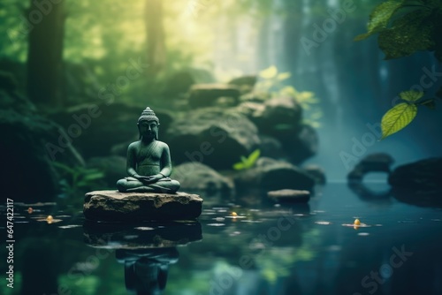 A serene Buddha statue amidst a misty forest pond.