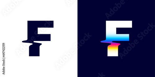 F letter logo with color glitch. Neon double exposure style. Multicolor gradient sign with hologram and illusion effect. Glowing color shift vector icon for nightlife labels, game screens, vibrant adv