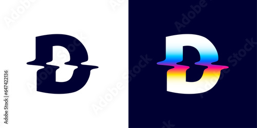 D letter logo with color glitch. Neon double exposure style. Multicolor gradient sign with hologram and illusion effect. Glowing color shift vector icon for nightlife labels, game screens, vibrant adv