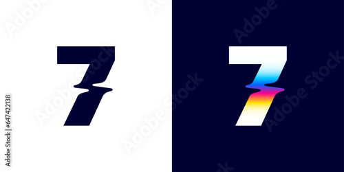 7 logo. Number seven with color glitch. Neon double exposure style. Multicolor gradient sign with hologram and illusion effect. Glowing color shift vector icon for nightlife labels, game screens.