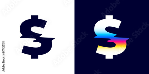 Dollar logo with color glitch. Neon double exposure style. Multicolor gradient sign with hologram and illusion effect. Glowing color shift vector icon for nightlife labels, game screens, vibrant adv