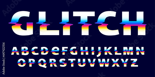 Alphabet set with color glitch. Neon double exposure style. Multicolor gradient sign with hologram and illusion effect. Glowing color shift vector icon for nightlife labels, game screens, vibrant adv
