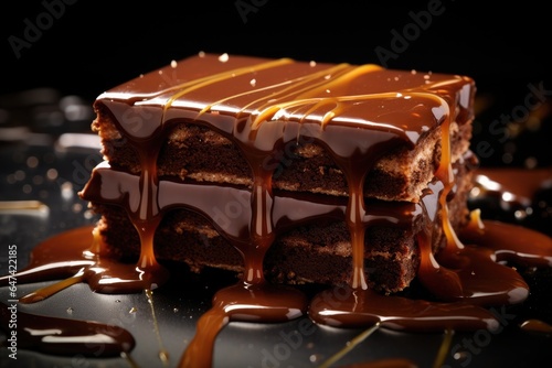 A layered chocolate cake with dripping caramel on a black background.