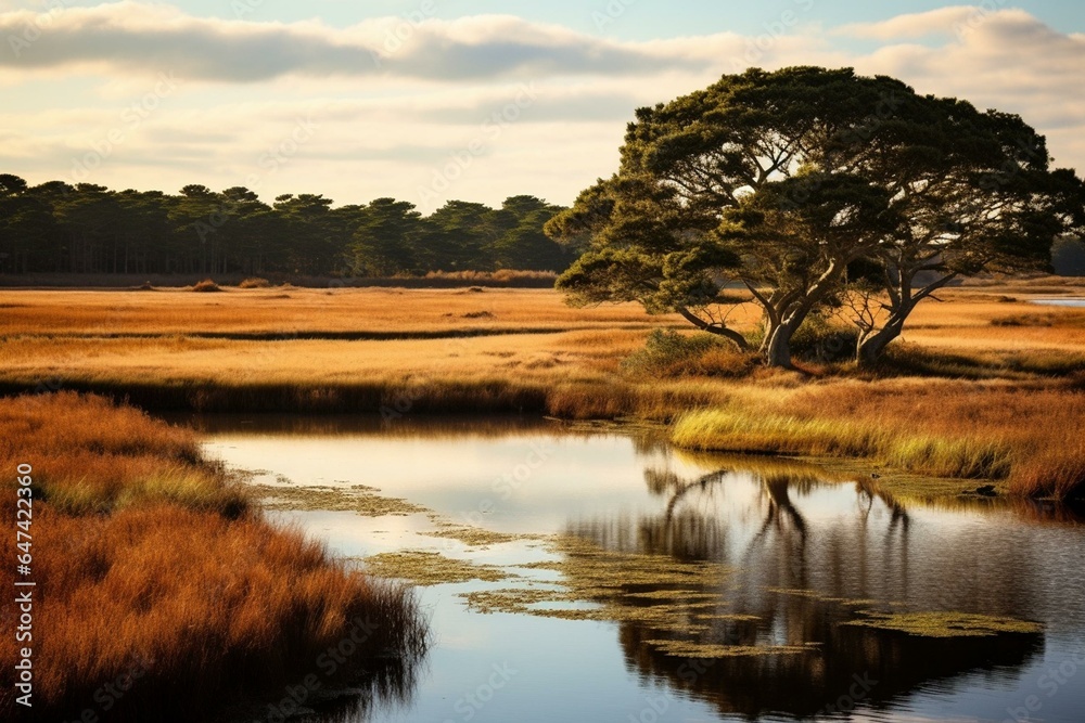 A tranquil wetland landscape on Martha's Vineyard. Generative AI