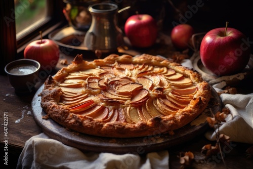 A freshly baked apple tart on a wooden board, surrounded by apples, under soft lighting.