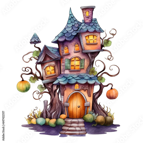 Halloween spooky house. Watercolor illustration created with Generative Ai technology © CraftyKittyArt