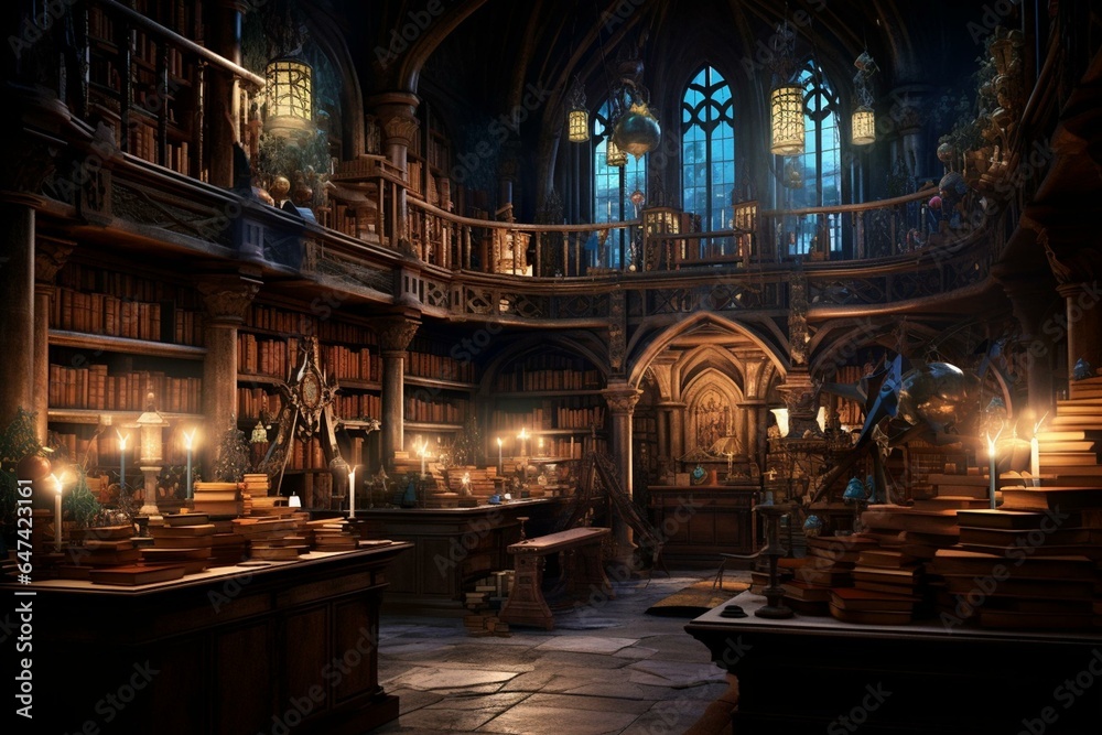 Vibrant medieval library ambiance filled with books and candlelights. Generative AI