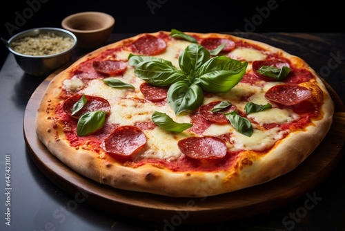 Delicious pizza topped with cheese, salami, and basil. Generative AI