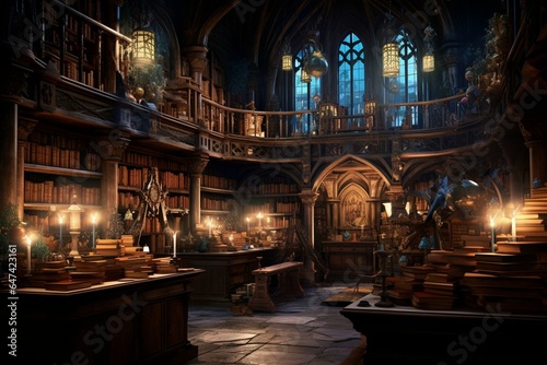 Vibrant medieval library ambiance filled with books and candlelights. Generative AI © Steven