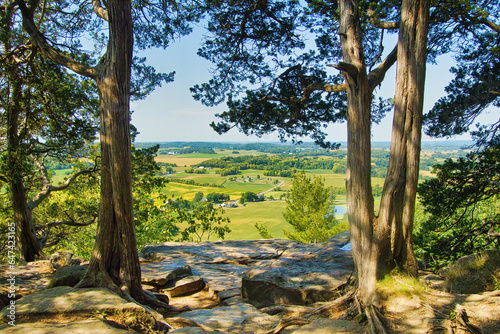 Fototapeta Naklejka Na Ścianę i Meble -  On a sunny late-Summer morning, the high altitude view from the Gibraltar Rock Segment of the Ice Age Trail, near Merrimac, WI.