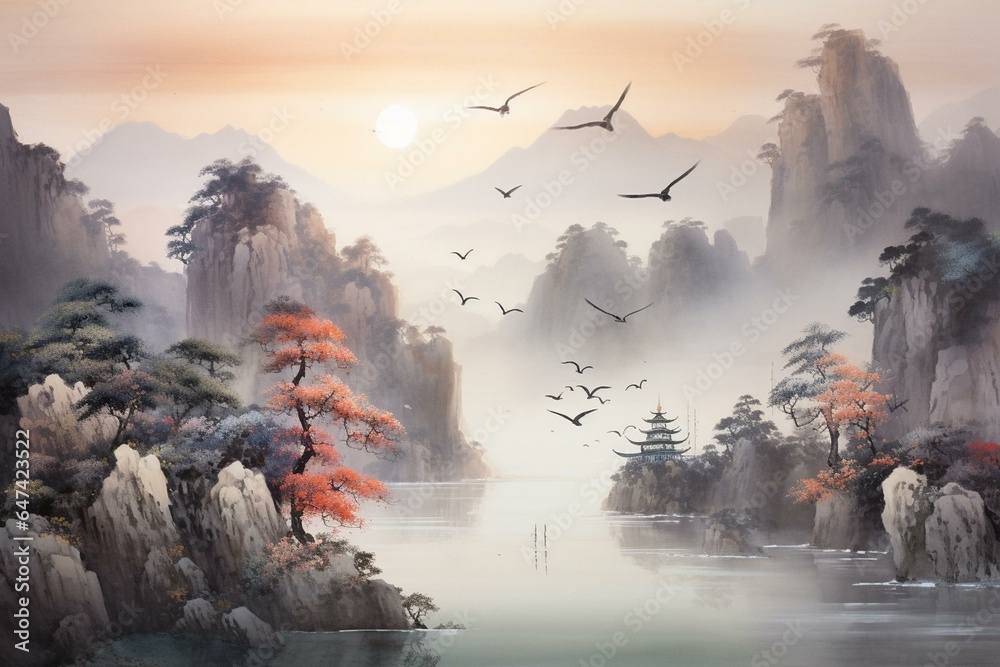 Eastern landscape with misty cliffs, sparrows, sun, and water against a traditional Chinese-style backdrop. Generative AI