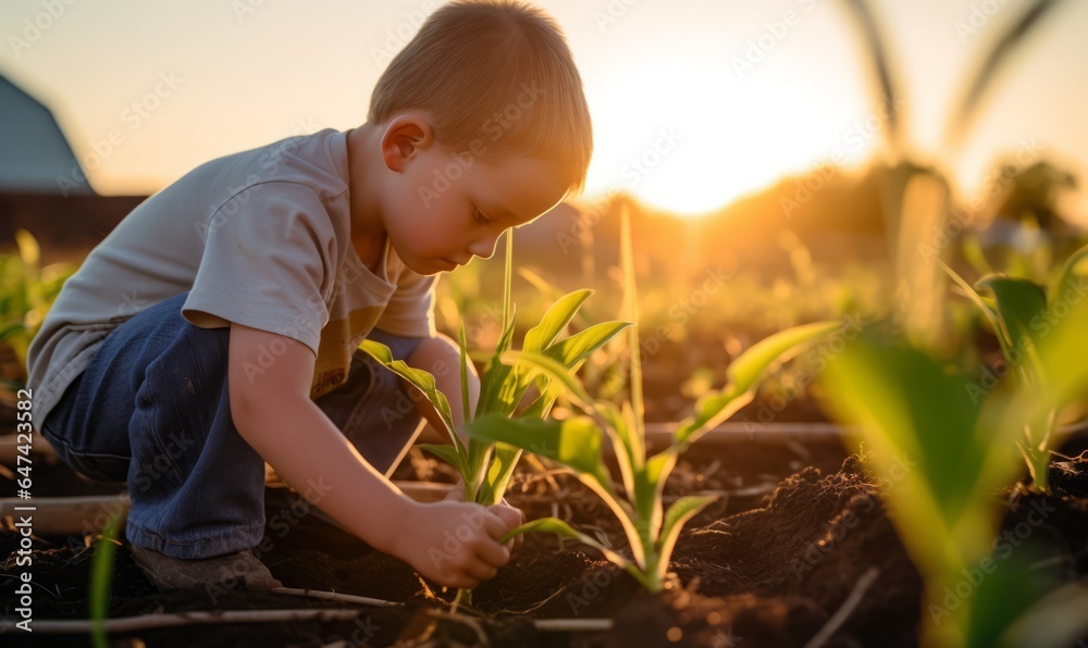 A little boy is planting corn seedlings in the field at sunset - obrazy, fototapety, plakaty 