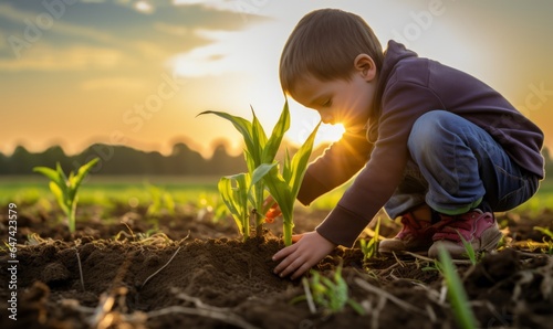 A little boy is planting corn seedlings in the field at sunset