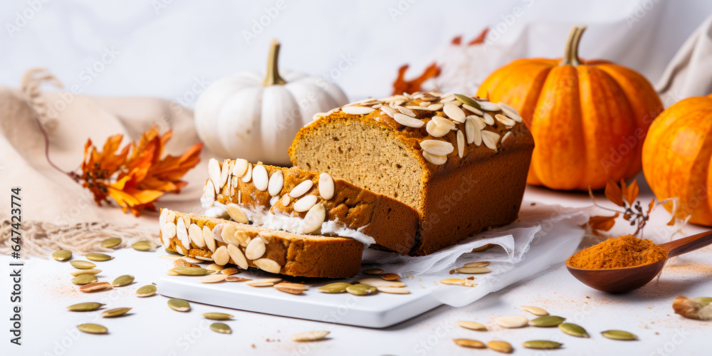 Sliced pumpkin bread loaf with seeds and pumpkins, fall food, Thanksgiving cooking, wide Sliced pumpkin bread loaf with seeds and pumpkins, fall food, Thanksgiving cooking, wide