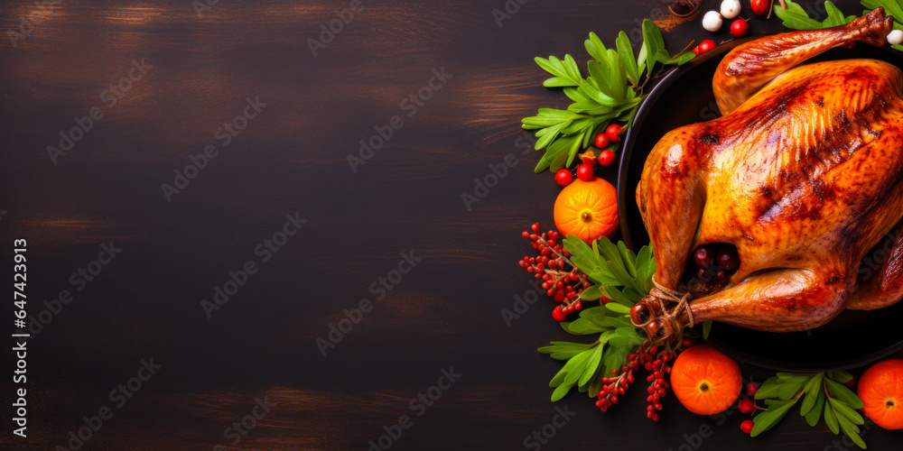 Thanksgiving whole roast turkey and oranges on dark background, flat lay with copyspace, top view, fall food cooking