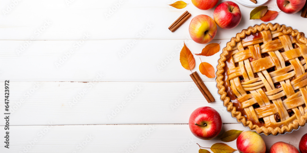 Apple pie on white wood plank table, flat lay with copyspace, top view, fall food, Thanksgiving cooking - obrazy, fototapety, plakaty 