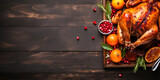 Thanksgiving whole roast turkey on brown wood plank table, flat lay with copyspace, top view, fall food cooking, banner