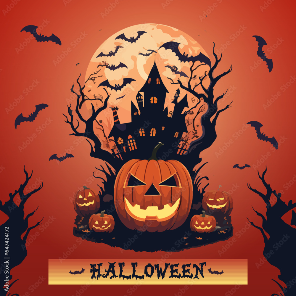 Unleash the Spooky Magic: Halloween Bash Poster Collection with an Eerie Night Sky, Enchanting Pumpkins, and Paper Cut Artistry. Crafted in Vector Excellence. Featuring a Bewitching Full Moon, a Sinis