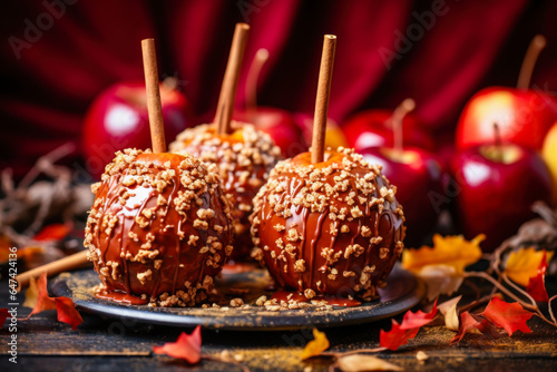 Caramel apples coated with chopped nuts  dessert  fall harvest food  Halloween  Thanksgiving