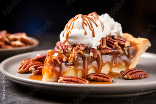 Slice of caramel pecan pie with ice cream topping, fall food, Thanksgiving cooking photo