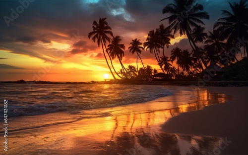 Beautiful sunset over the sea with palm trees on the beach © Patrick