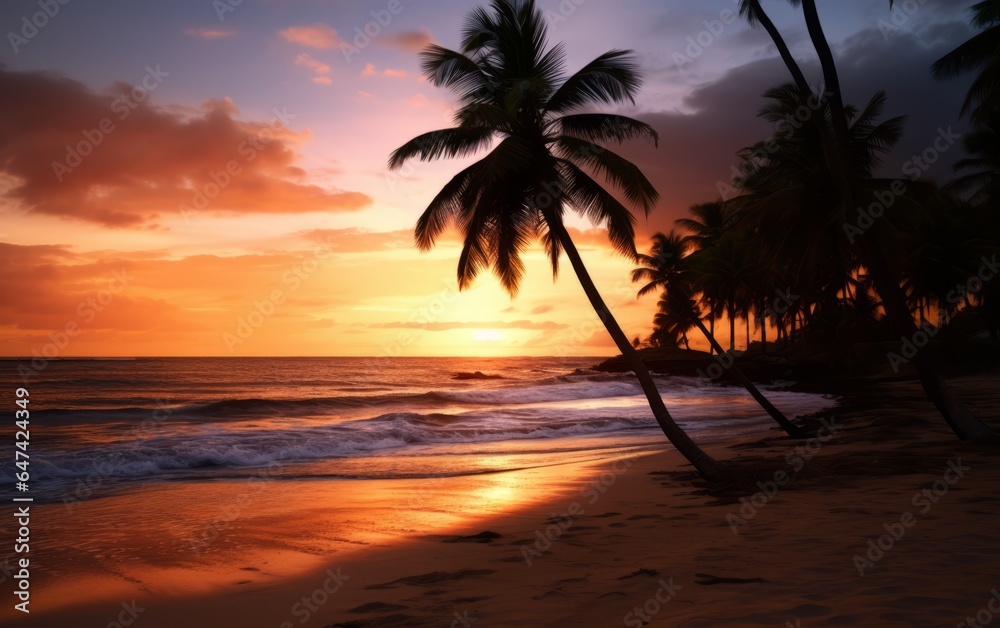 Beautiful sunset over the sea with palm trees on the beach